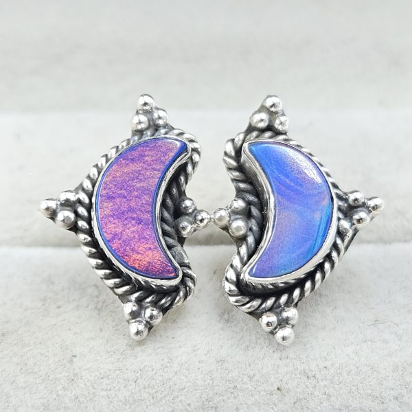 Aurora Opal Crescent Moon 925 Sterling Silver Stud Earring (RS108-318)