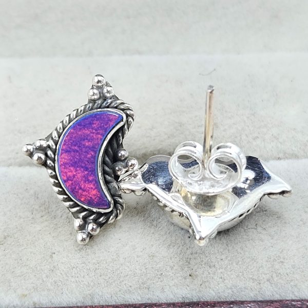 Aurora Opal Crescent Moon 925 Sterling Silver Stud Earring (RS108-318) - Image 2