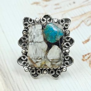 White Buffalo Mohave Turquoise Size US 8 925 Silver Ring (RS2-21)
