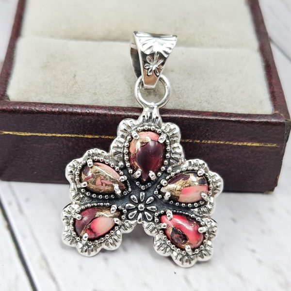 Red Rose Dhlia Turquoise Naja 925 Silver Pendant (RS108-422)