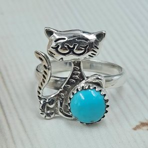 Kingman Turquoise Cat 925 Sterling Silver Ring (RS37-40)