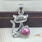 Pink Dahlia Turquoise Cat Pendant 1" 925 Sterling Silver Pendant (RS37-37)