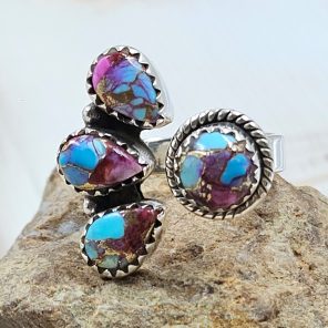Pink Dahlia Turquoise 925 Sterling Silver Bypass Ring (RS49-13)