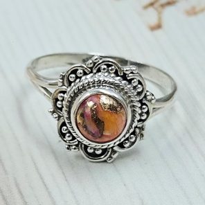 Dainty Pink Dahlia Turquoise 925 Sterling Silver Ring (RS46-1)