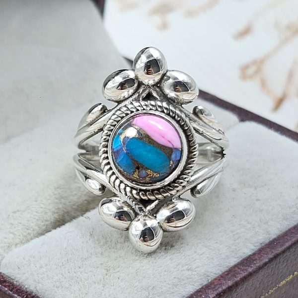 Pink Dahlia Turquoise 925 Sterling Silver Ring (REXT48-62)