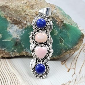 Lapis Lazuli & Pink Queen Conch 2" 925 Sterling Silver Pendant (REXT102-9)