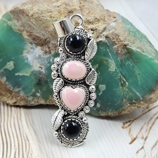 Black Onyx & Pink Queen Conch 2" 925 Sterling Silver Pendant (REXT102-11)