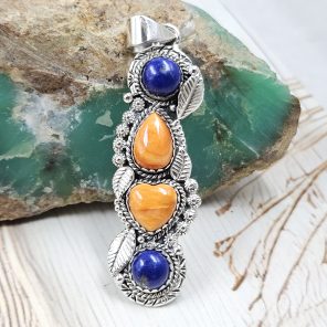 Lapis Lazuli & Spiny Oyster Shell 2" 925 Sterling Silver Pendant (REXT102-13)