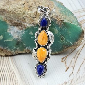 Lapis Lazuli & Spiny Oyster Shell 2" 925 Sterling Silver Pendant (REXT25-19)