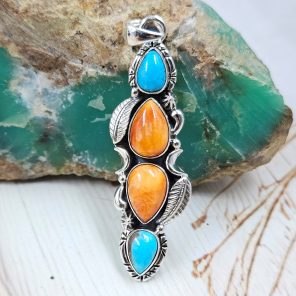 Arizona Turquoise & Spiny Oyster Shell 2" 925 Sterling Silver Pendant (REXT25-21)