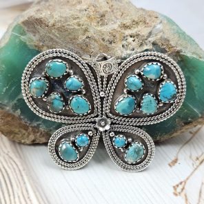 Kingman Turquoise Butterfly 1.5" 925 Sterling Silver Pendant (RS114-330)