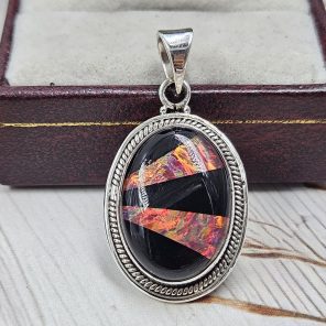 Black Onyx & Aurora Inlay 1" 925 Sterling Silver Pendant (REXT62-266)