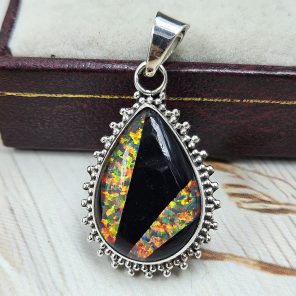 Black Onyx & Aurora Inlay 1" 925 Sterling Silver Pendant (REXT62-264)