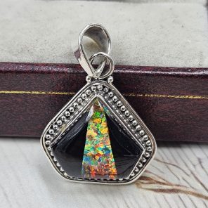 Black Onyx & Aurora Inlay 1" 925 Sterling Silver Pendant (REXT62-265)