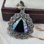 Black Onyx & Aurora Inlay 1" 925 Sterling Silver Pendant (REXT62-263)