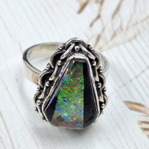 Black Onyx &  Aurora Inlay Size US 7 925 Sterling Silver Ring (REXT62-259)