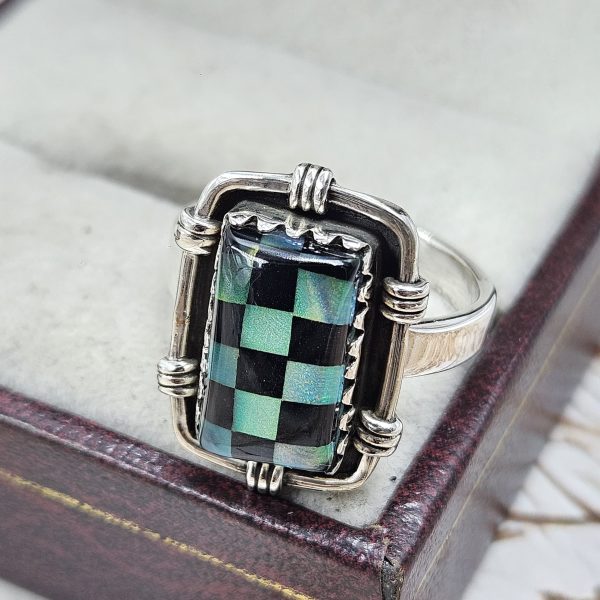 Black Onyx &  Aurora Inlay Size US 7 925 Sterling Silver Ring (REXT62-253)