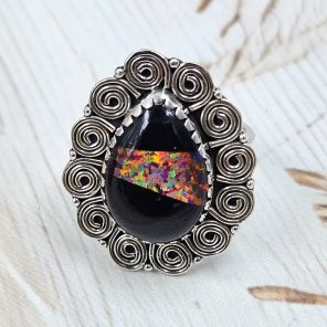 Black Onyx &  Aurora Inlay Size US 7 925 Sterling Silver Ring (REXT62-249)