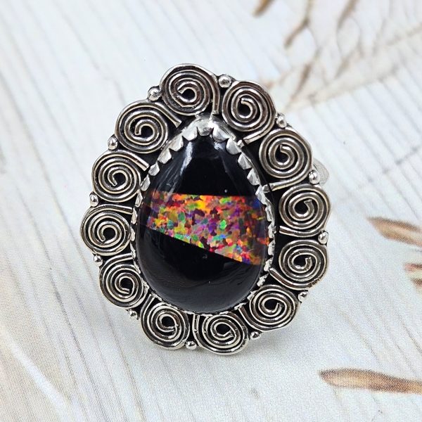 Black Onyx &  Aurora Inlay Size US 7 925 Sterling Silver Ring (REXT62-249)