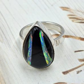 Black Onyx &  Aurora Inlay Size US 7 925 Sterling Silver Ring (REXT62-252)