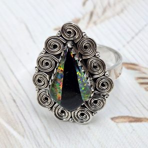 Black Onyx &  Aurora Inlay Size US 9 925 Sterling Silver Ring (REXT62-256)