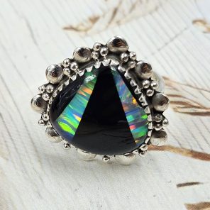 Black Onyx &  Aurora Inlay Size US 9 925 Sterling Silver Ring (REXT62-255)