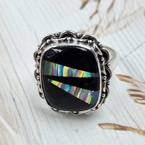 Black Onyx &  Aurora Inlay Size US 8 925 Sterling Silver Ring (REXT62-254)