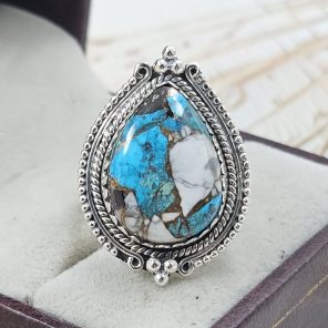 White Buffalo & Mohave Turquoise 925 Sterling Silver Ring (RS19-102)