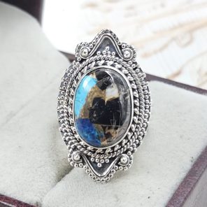 White Buffalo & Mohave Turquoise 925 Sterling Silver Ring (RS19-103)