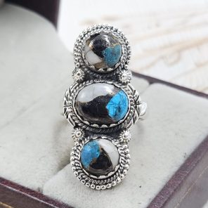 White Buffalo & Mohave Turquoise 925 Sterling Silver Ring (RS19-99)