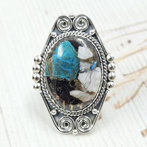 White Buffalo & Mohave Turquoise 925 Sterling Silver Ring (RS19-106)
