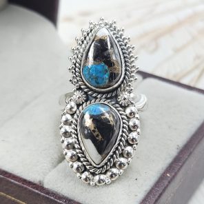 White Buffalo & Mohave Turquoise 925 Sterling Silver Ring (RS19-108)