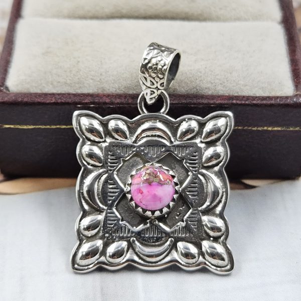 Pink Dahlia Turquoise Southwest 1.25" 925 Silver Pendant (RS23-35)