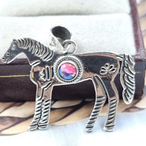 Horse Pink Dahlia Turquoise Southwest 1.25" 925 Silver Pendant (RS23-49)