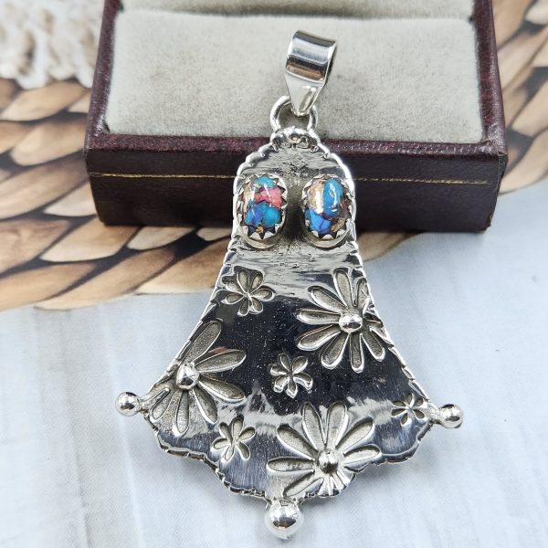 Ghost Pink Dahlia Turquoise Southwest 1.5" 925 Silver Pendant (RS23-58)