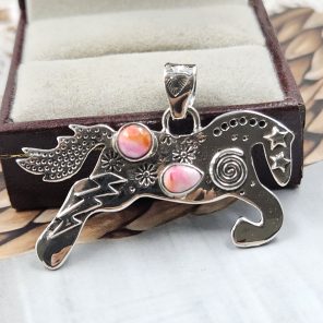 Horse Pink Dahlia Turquoise Southwest 1.5" 925 Silver Pendant (RS23-57)