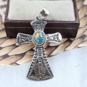 Cross Spiny Oyster Turquoise Southwest 1.5" 925 Silver Pendant (RS23-63)