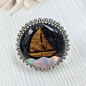 Aurora Opal Boat Size US 9 925 Sterling Silver Ring (RS37-23)