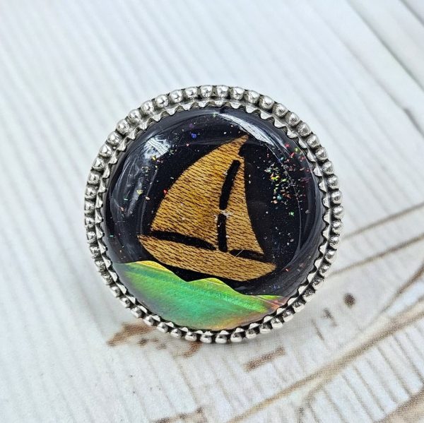 Aurora Opal Boat Size US 6 925 Sterling Silver Ring (RS37-22)