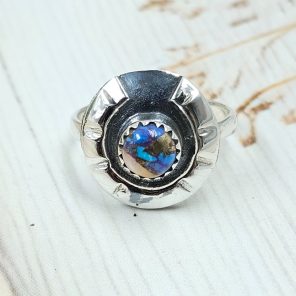 Pink Dahlia Turquoise Horse Shoe 925 Silver Ring (REXT88-28)