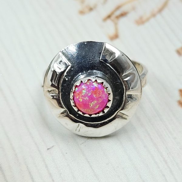 Hot Pink Fire Opal Horse Shoe 925 Silver Ring (REXT88-30)