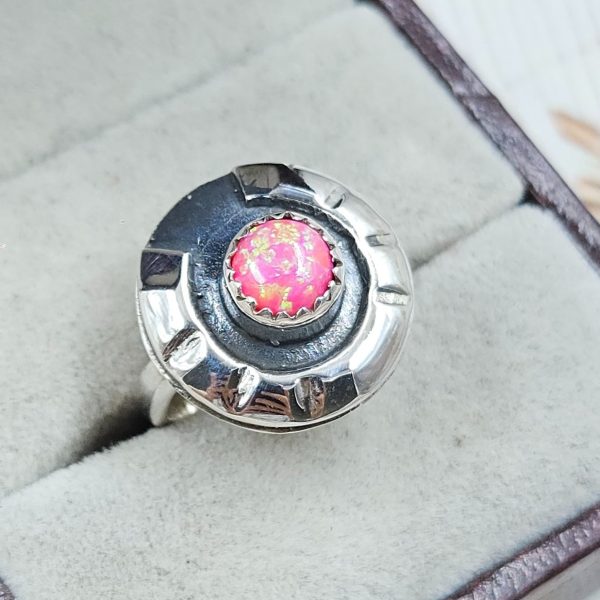 Hot Pink Fire Opal Horse Shoe 925 Silver Ring (REXT88-30) - Image 2
