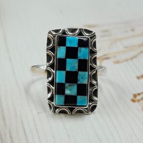 Mohave Turquoise & Onyx Checkerboard 925 Sterling Silver Ring (REXT110-1)