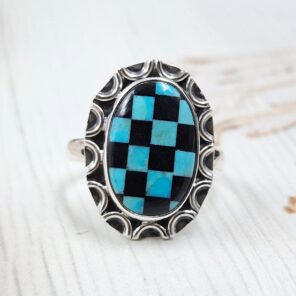 Mohave Turquoise & Onyx Checkerboard 925 Sterling Silver Ring (REXT110-2)