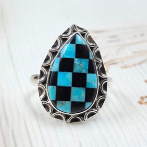 Mohave Turquoise & Onyx Checkerboard 925 Sterling Silver Ring (REXT110-3)