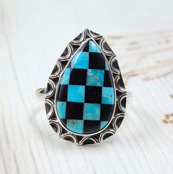 Mohave Turquoise & Onyx Checkerboard 925 Sterling Silver Ring (REXT110-3)
