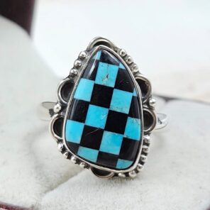 Mohave Turquoise & Onyx Checkerboard 925 Sterling Silver Ring (REXT110-4)