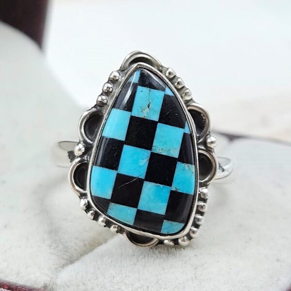 Mohave Turquoise & Onyx Checkerboard 925 Sterling Silver Ring (REXT110-4)