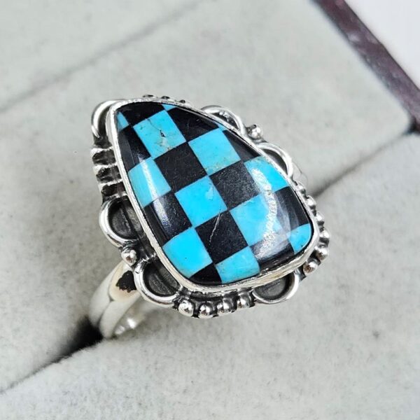 Mohave Turquoise & Onyx Checkerboard 925 Sterling Silver Ring (REXT110-4) - Image 2