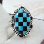 Mohave Turquoise & Onyx Checkerboard 925 Sterling Silver Ring (REXT110-6)